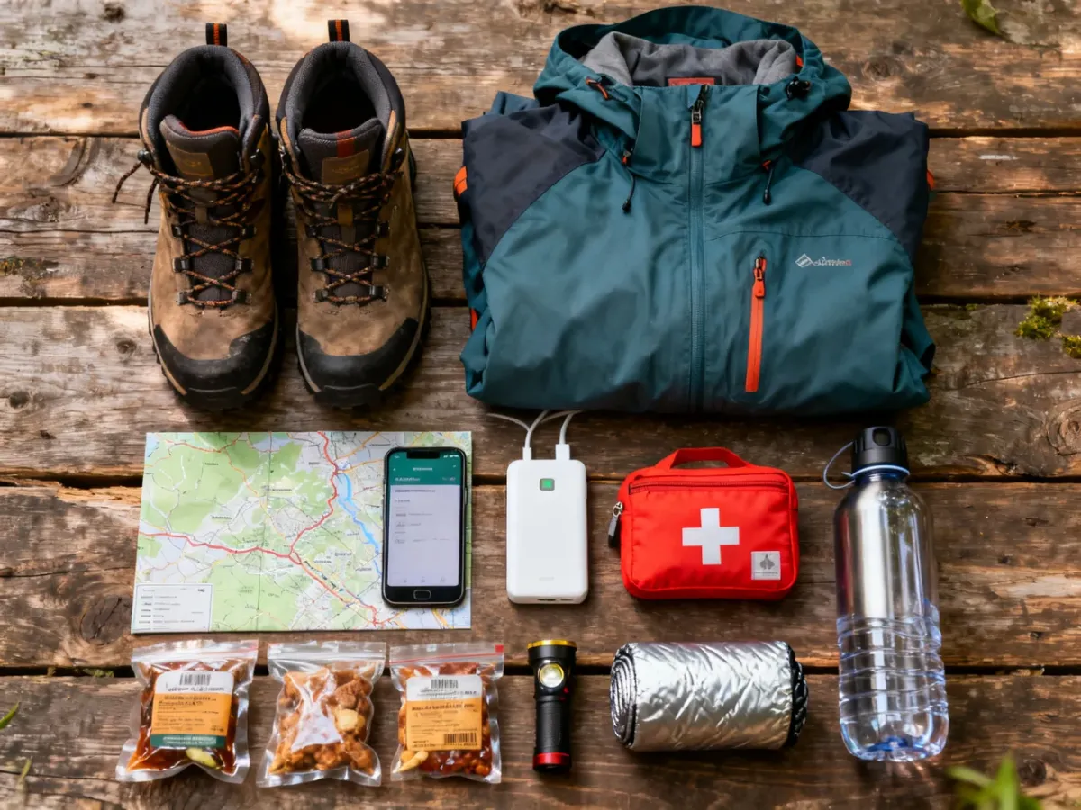Essential equipment prepared for a safe two-day mountain hike