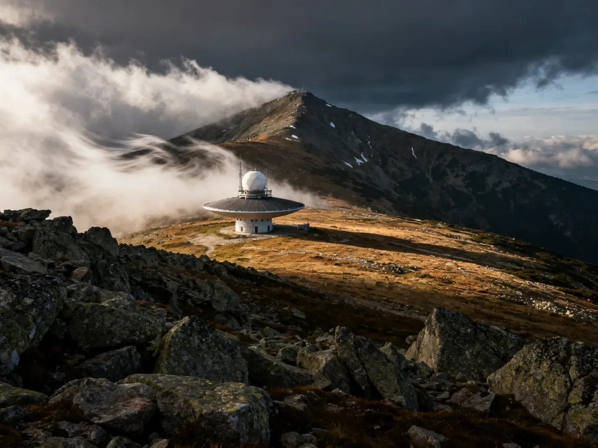 Obserwatorium meteorologiczne na szczycie Śnieżki we mgle