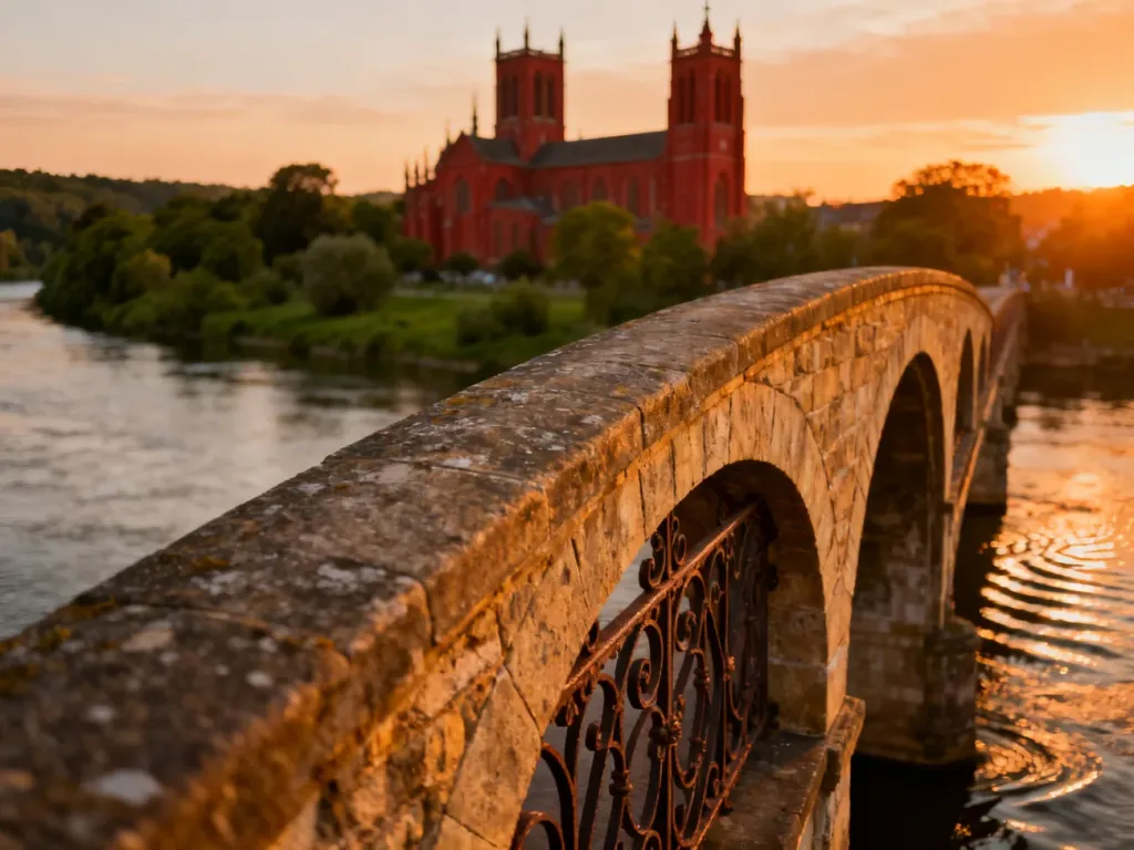 Widok na Odrę i zabytkowy most we Wrocławiu w świetle zachodzącego słońca, podkreślający malowniczy charakter wysp.